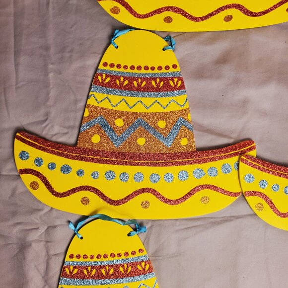 Cute Sombrero Yellow Glitter Hanging Sign Decor Fiesta Party Decoration Set of 5 - Picture 4 of 5